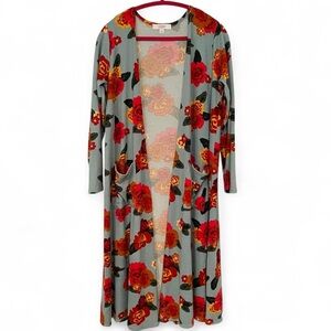 Size: M l LuLaRoe "Sarah" Floral Open Cardigan Long Duster l Orange+Red+Sky Blue